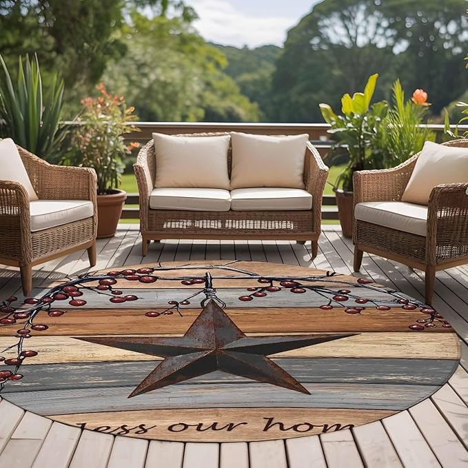 Country Stars Round Rug 6 Ft, Vintage Rust Black Star Berry Brown Light Blue Wood Grain Circle Area Rugs Washable Non Slip Indoor Floor Mats Carpet for Living Room Bedroom Dining Room Home Decor