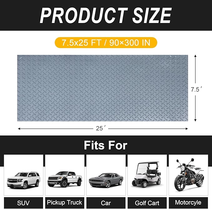 7.5x25 FT Garage Floor Mat, 2.8mm Thickened Flooring Roll Under Car Mat with 20Pcs Tapes, Diamond Plate, Non-Slip Floor Protector Mat for Trailer, Garage, Warehouse, Gyms, Trailer, Matte Gray
