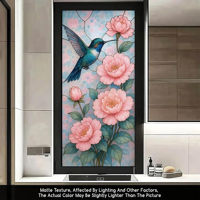 Peony Bird Privacy Film Floral Glass Panel Static Cling No Glue Decorative Cover Light Filtering for Bedroom Door Vanity Room Entryway 17.7x39.3 inch