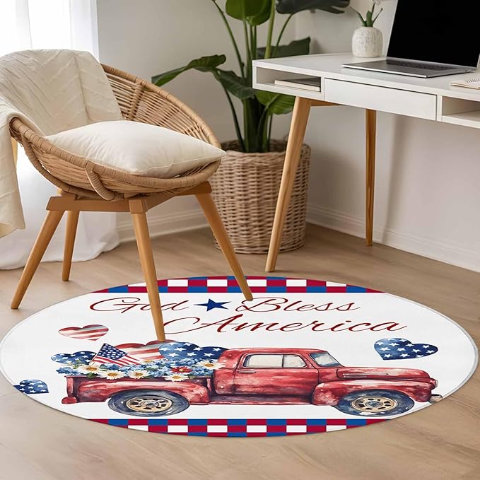 Red Truck USA Flag Stars Round Rug 4 Ft, God Bless America Circle Area Rugs Washable Non Slip Indoor Floor Mats Carpet for Living Room Bedroom Dining Room Home Decor