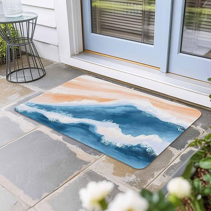 Abstract Waves Doormat Orange Blue Gradient Spray Non Slip Low Profile Rubber Door Mat Washable Absorbent Indoor Front Door Mat Entryway Rug Entrance Carpet 18x30 Inch
