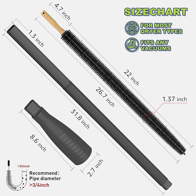 Sealegend 2 Pieces Dryer Vent Cleaner Kit, Dryer Lint Vacuum Attachment and Dryer Lint Screens Cleaner Brush,Flexible Lint Remover Hose Black