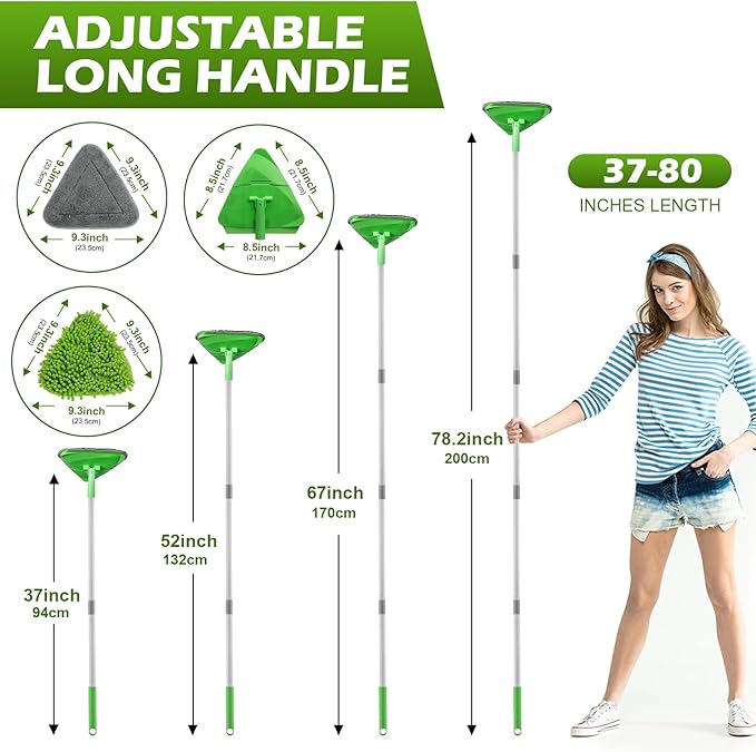 Wall Cleaner Triangle Mop with 82'' Long Handle - Wall Scrubber, Cleaning Washer Tool with 4 Microfiber Chenille Duster Pads for Clean Walls, Ceiling, Windows, Baseboards, Floors (Green, 6 Pads)