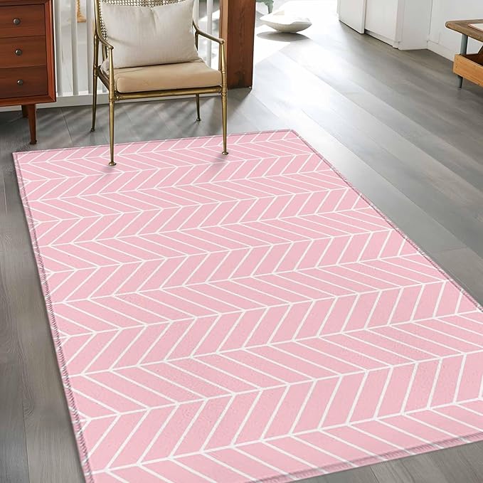 Pink Herringbone Stripes 3'x5' Area Rugs, Modern Abstract Geometric Pink Simple Lines Washable Area Rugs Non-Slip Indoor Floor Mats Carpet for Living Room Bedroom Dining Room