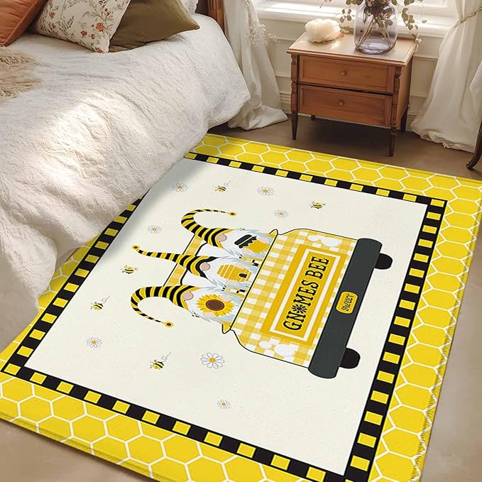 Honey Gnomes 3'x5' Area Rugs, Bees Hive Sunflower Truck Washable Area Rugs Non-Slip Indoor Floor Mats Carpet for Living Room Bedroom Dining Room