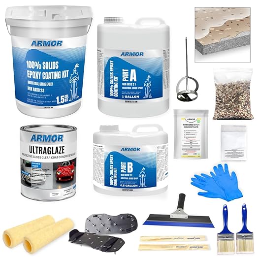 ArmorPoxy Garage Epoxy Floor Kit – 100% Solids - 2 Part Industrial-Grade Coating w/UltraGlaze Topcoat | DIY Slip & Hot Tire Resistant | 300 Sq Ft - Khaki Tan - 17 pc kit
