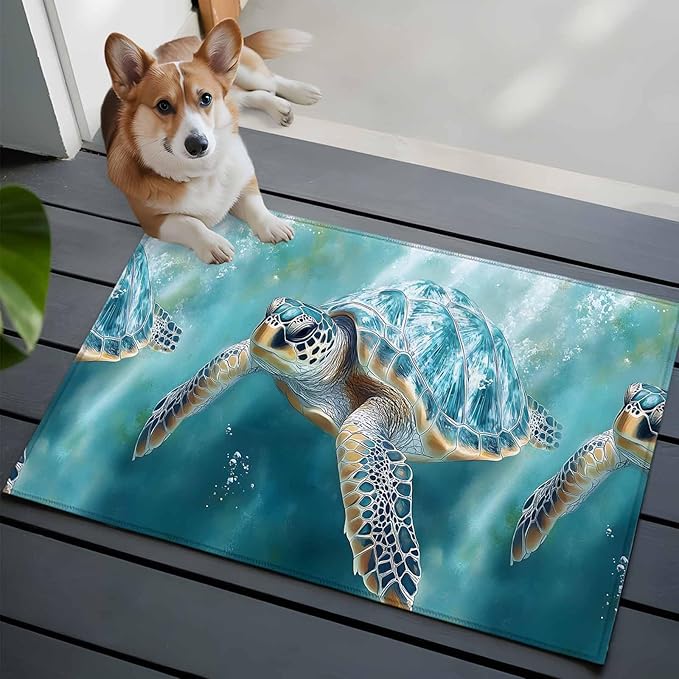 Marine Animal Entryway Rug 2'x3', Ocean Turtle Modern Art Abstract Style Small Area Rug Non-Slip Front Door Mat Washable Floor Carpet for Indoor Entrance Kitchen Bathroom
