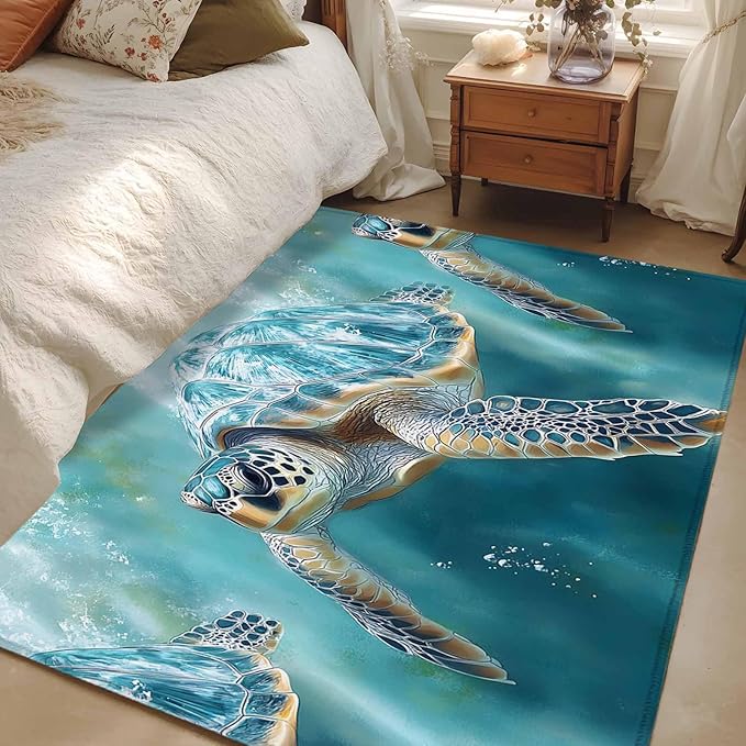 Marine Animal 4'x6' Area Rugs, Ocean Turtle Modern Art Abstract Style Washable Area Rugs Non-Slip Indoor Floor Mats Carpet for Living Room Bedroom Dining Room
