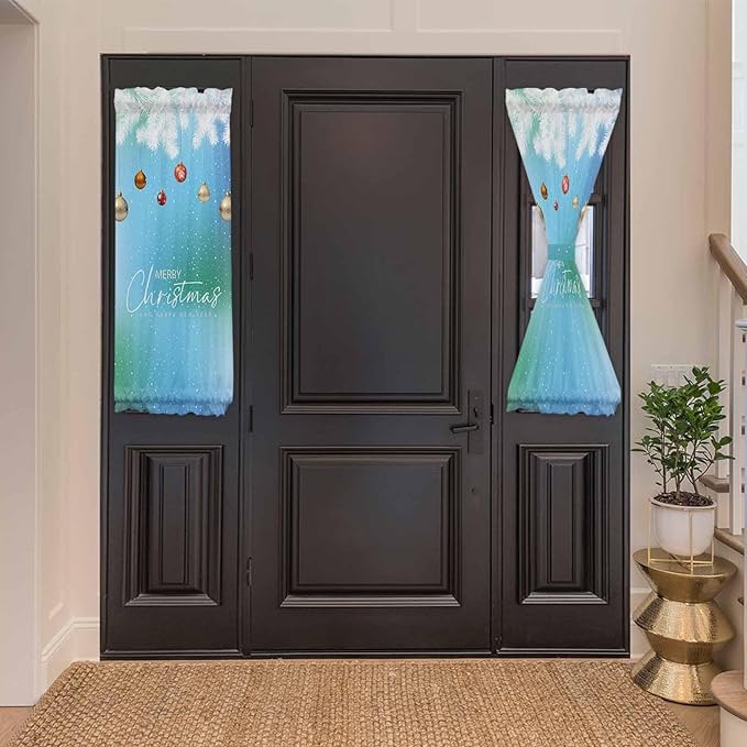 Christmas French Door Curtain Panel for Front Door, Blue Green Gradient White Pine Needle Xmas Balls Slidelight Door Curtains with Tieback Light Filtering Privacy Panels for Doorway Entryway 25"x 40"