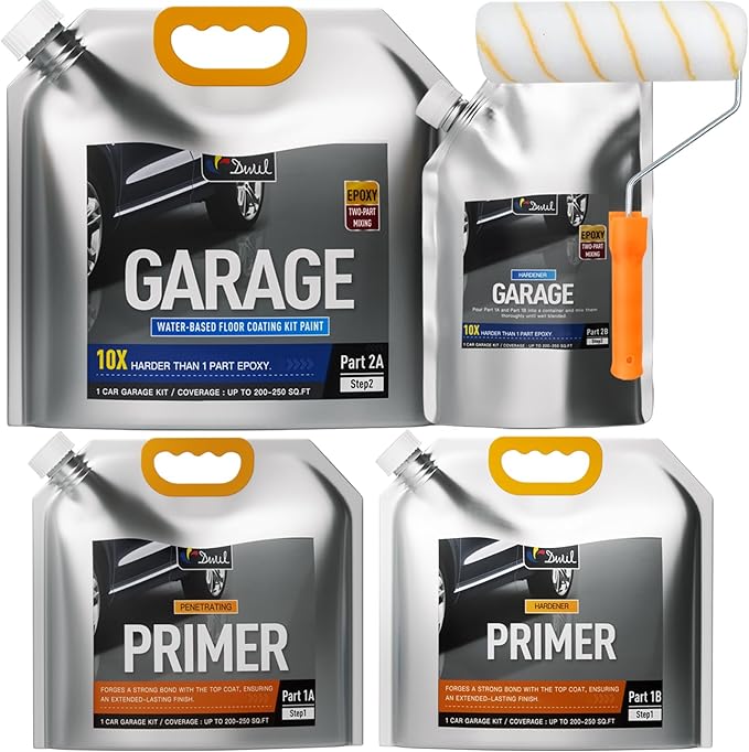 DWIL Water-Based Epoxy Garage Floor Paint Kit, High Gloss Coating, Low Odor for Concrete Basement Home, 1 Car Kit, Light Gray