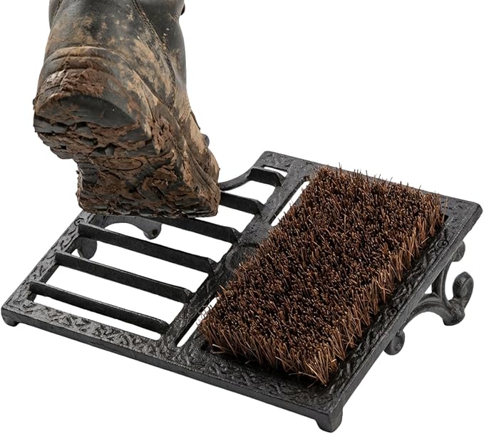 Cast Iron Shoe Cleaner Mat and Boot Scraper, 13 x 8.5 x 4 Inches, Heavy Duty Metal Mud Scrubber with Decorative Vintage Black Finish, 1-Pack, for Outdoor Entryway Porch Mudroom and Garage