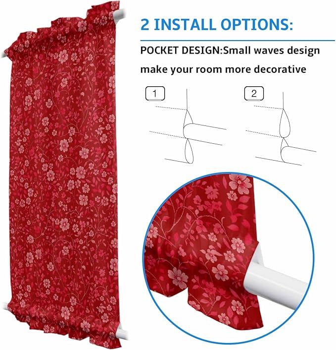 Christmas French Door Curtain Panel for Front Door, Classical Pink Red Christmas Plants Flowers Slidelight Door Curtains with Tieback Light Filtering Privacy Panels for Doorway Entryway 25"x 40"