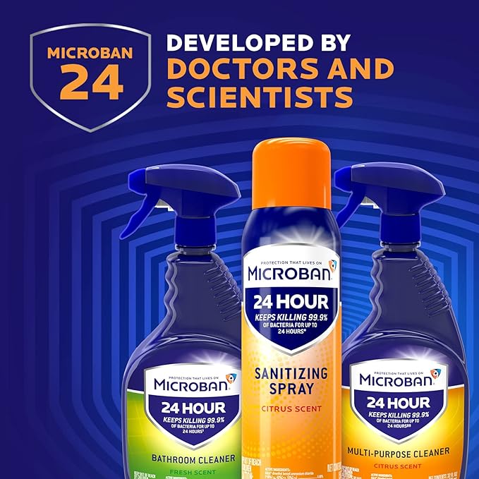 MICROBAN Disinfectant Spray, 24 Hour Sanitizing and Antibacterial Spray, All Purpose Cleaner, Citrus Scent, 4 Count, 22 fl oz Each