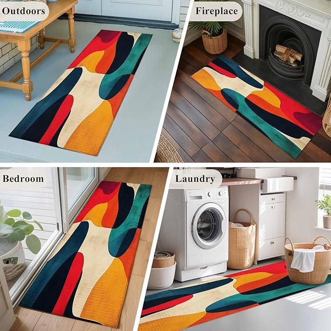 Abstract Art Runner Rug 2'x6', Impressionist Red Blue Color Block Hallway Runner Rugs Washable Non-Slip Bedside Floor Mats Carpet for Kitchen Bedroom Laundry Room Bathroom