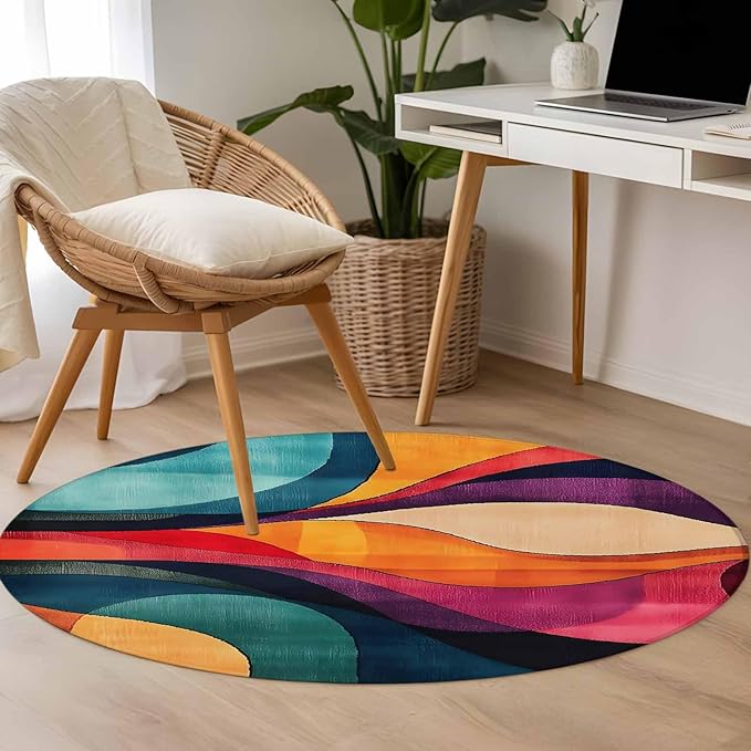 Minimalist Art Round Rug 4 Ft, Abstract Yellow Blue Color Block Line Circle Area Rugs Washable Non Slip Indoor Floor Mats Carpet for Living Room Bedroom Dining Room Home Decor