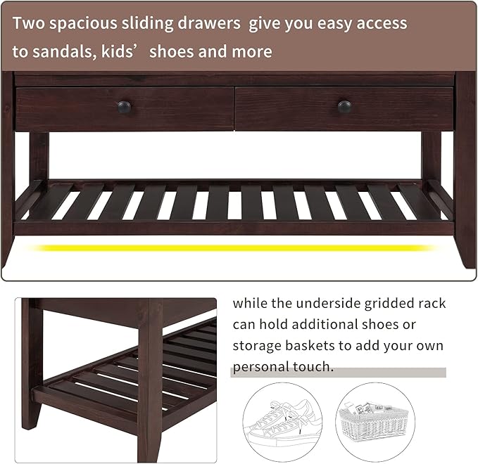 Knocbel Entry Storage Bench Shoes Rack with Cushioned Seat, 2 Drawers & Slatted Shelf, Living Room Entryway Hallway Foyer Shoe Bench Bedroom End of Bed Bench (Espresso 2-Drawer)