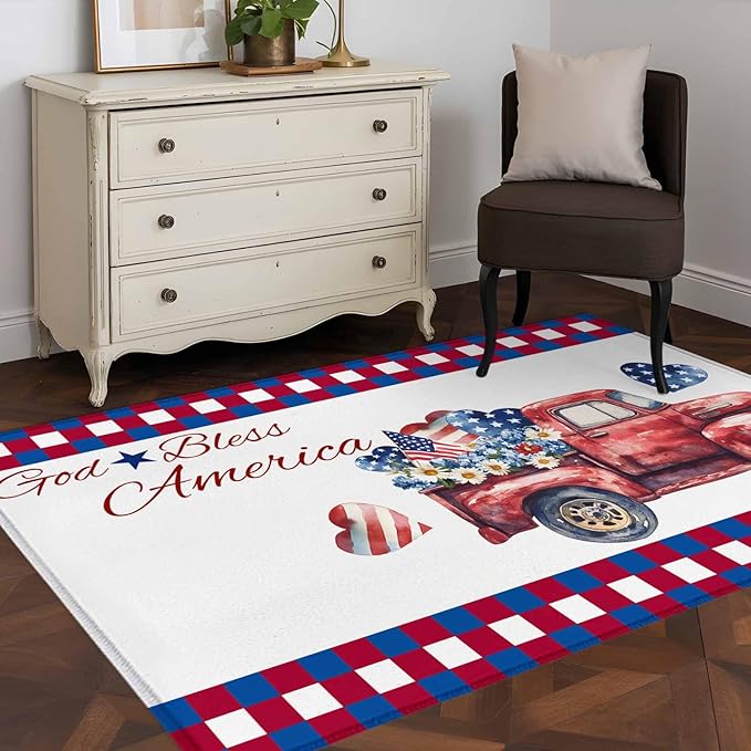 Red Truck USA Flag Stars Area Rugs 2.7'x5', God Bless America Washable Area Rugs Non-Slip Indoor Floor Mats Carpet for Living Room Bedroom Dining Room