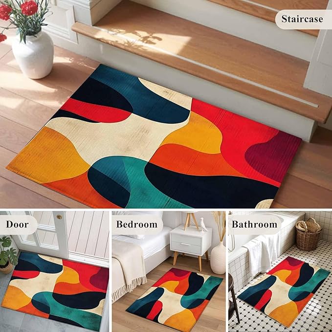 Abstract Art Entryway Rug 2'x3', Impressionist Red Blue Color Block Small Area Rug Non-Slip Front Door Mat Washable Floor Carpet for Indoor Entrance Kitchen Bathroom