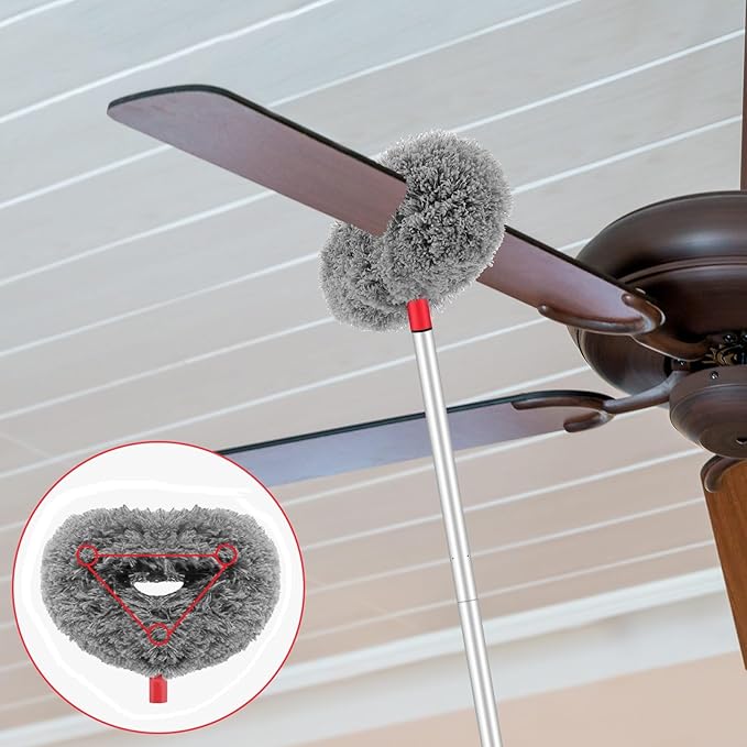 Max 66'' Ceiling Fan Cleaner Duster Reusable Microfiber Ceiling Fan Blade Cleaner Removable Duster with Extension Pole for Cleaning Walls Bookshelves Furniture Door Window Top, Gray, 1 Pack