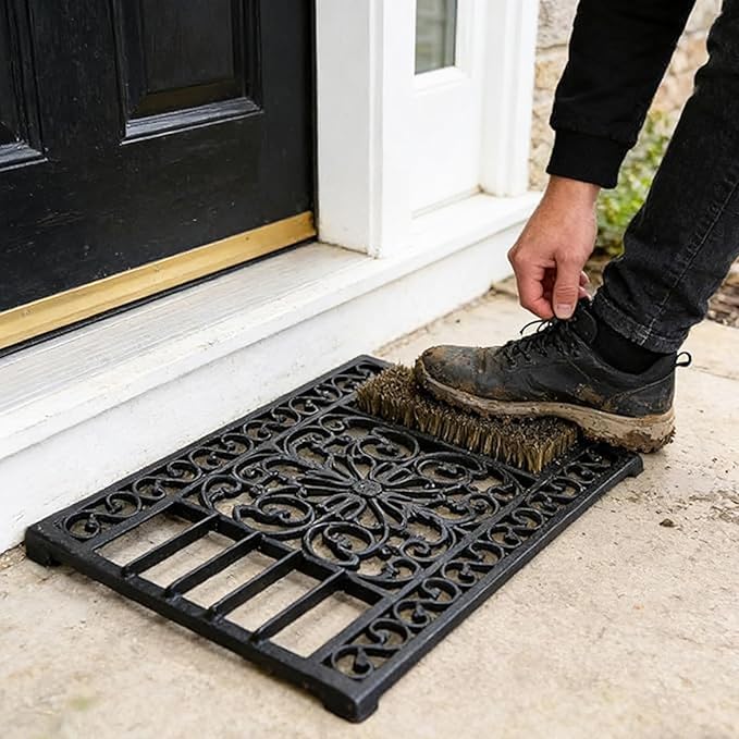 Heavy Duty Cast Iron Door Mat with Shoe Scraper Brush, 22.8"×14.5", Floral Pattern Non-Slip Entryway Rug for Outdoor Shoe Cleaning
