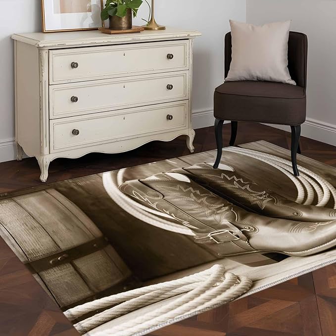 Western Cowboy Area Rugs 2.7'x5', Vintage Countryside Cowboy Boots Ropes Washable Area Rugs Non-Slip Indoor Floor Mats Carpet for Living Room Bedroom Dining Room