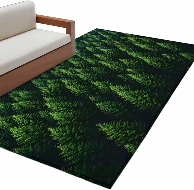 Green Forest 4'x6' Area Rugs, Pine Trees Forest Landscape Style Summer Washable Area Rugs Non-Slip Indoor Floor Mats Carpet for Living Room Bedroom Dining Room