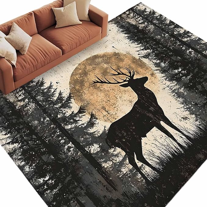 Deer 6'x9' Large Area Rugs, Elk Silhouette Washable Area Rugs Non-Slip Indoor Floor Mats Large Carpet for Living Room Bedroom Dining Room