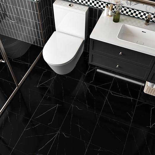 Wallercity Glossy Black Marble Vinyl Floor Tiles 12''x12'' Peel and Stick Floor Tile Waterproof Self Stick Flooring Tiles Black Removable Tile Decorative Panels for Bathroom Garage Kitchen 18-Packs