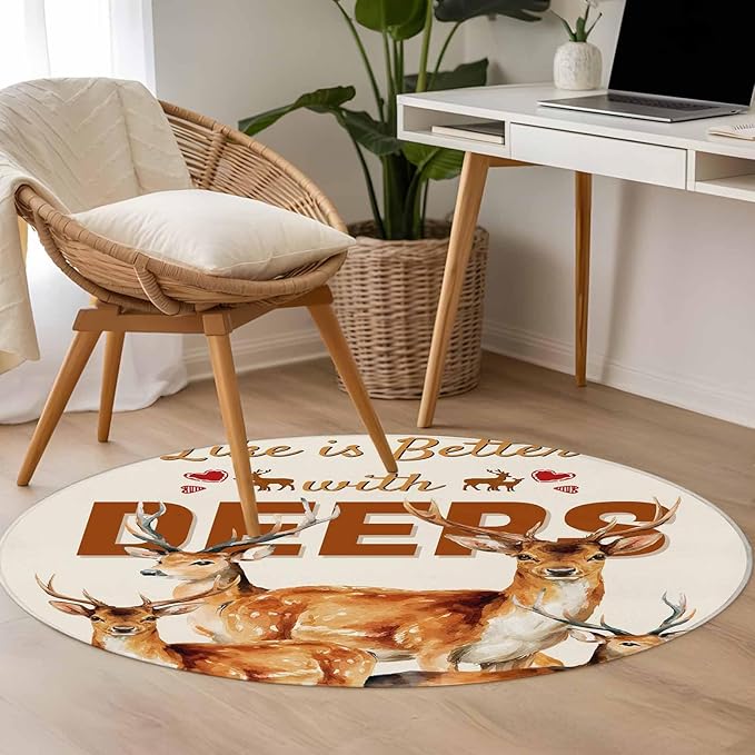 Beige Deer Small Round Rug 3 Ft, Wildlife Animals Rustic Farmhouse Elk Rustic Farmhouse Area Rugs Washable Non Slip Indoor Floor Mats Circle Carpet for Living Room Bedroom Dining Room Home Decor