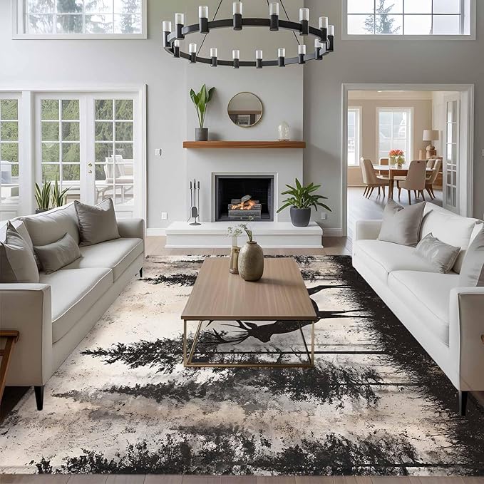 Elk 8'x10' Large Area Rugs, Deer Silhouette Washable Area Rugs Non-Slip Indoor Floor Mats Large Carpet for Living Room Bedroom Dining Room