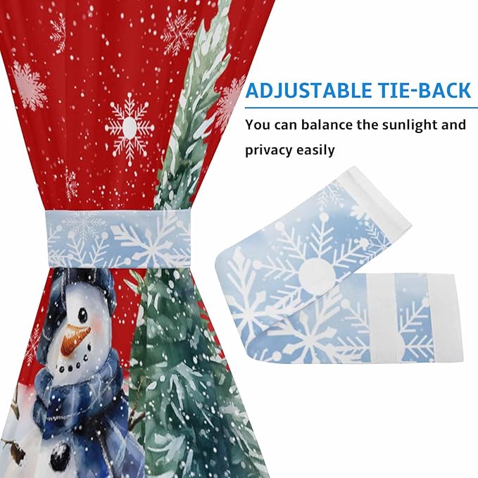 Christmas French Door Curtain Panel for Front Door, Red Pine Tree Christmas Snowman Blue Slidelight Door Curtains with Tieback Light Filtering Privacy Panels for Doorway Entryway 25"x 40"