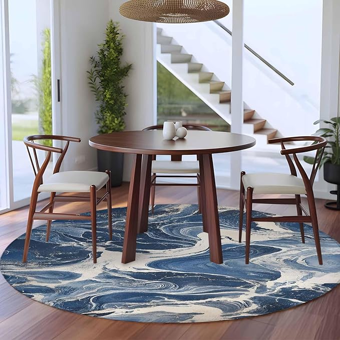 Impressionist Style Large Round Rug 8Ft, White Blue Blurred Wash Circle Area Rugs Washable Non Slip Indoor Floor Mats Carpet for Living Room Bedroom Dining Room Home Decor