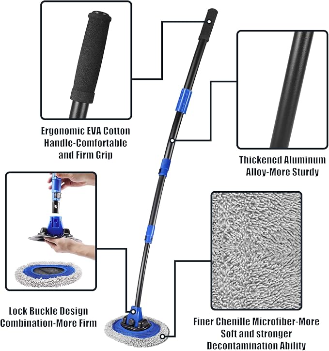 Wall Cleaner Mop, Washer Mops with Long Handle for Cleaning Walls Baseboard Window High Cabinet Ceiling Floor, 15°Bend Labor-Saving Microfiber Dry Dust and Wet Wash Cleaning Mop with Replacement Pad