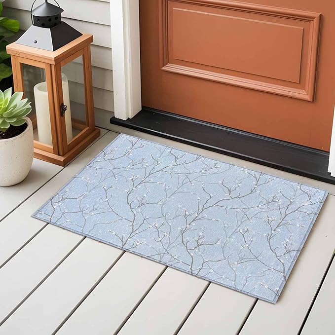 Blue Tree Branch Entryway Rug 2'x3', Retro Classic Art Blue Tree Branches Flower Small Area Rug Non-Slip Front Door Mat Washable Floor Carpet for Indoor Entrance Kitchen Bathroom