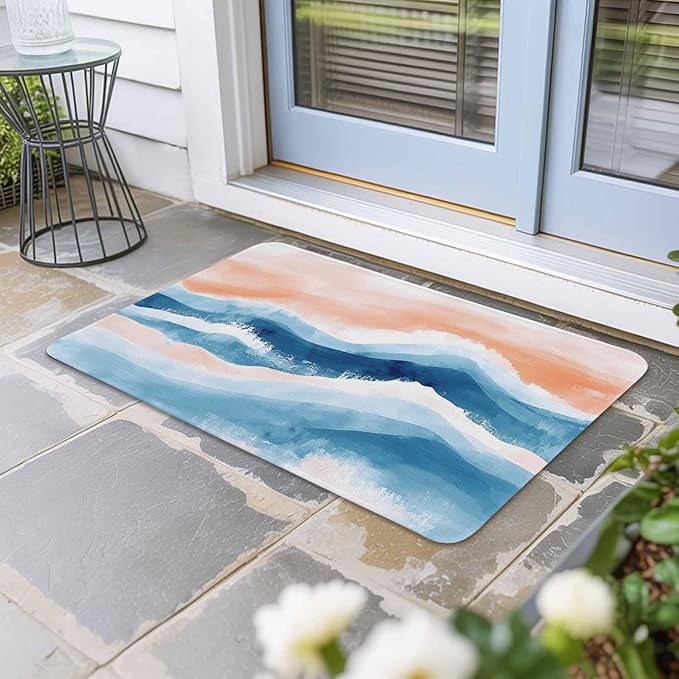 Abstract Waves Doormat Gradient Orange Blue Spray Non Slip Low Profile Rubber Door Mat Washable Absorbent Indoor Front Door Mat Entryway Rug Entrance Carpet 24x36 Inch
