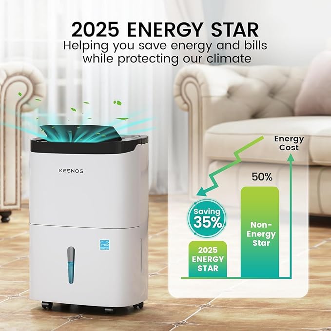 Kesnos 120 Pints 2025 Energy Star Dehumidifier for Home & Basement with Drain Hose, Ideal for Large Spaces up to 6,500 Sq. Ft., Featuring Auto Defrost & Self-Drying Function