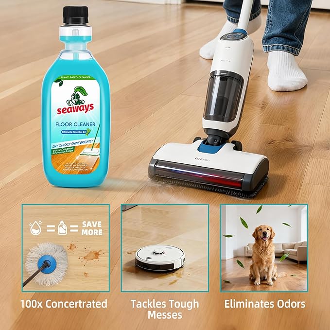 Seaways Robot Mop Cleaning Solution,100X Concentrated Floor Cleaner compatible with All Robot Vacuum and Mop,Plant-Based, Pet-Safe Formula for Hardwood,Tile, Laminate,Vinyl,16.9 Fl Oz(Pack of 4)
