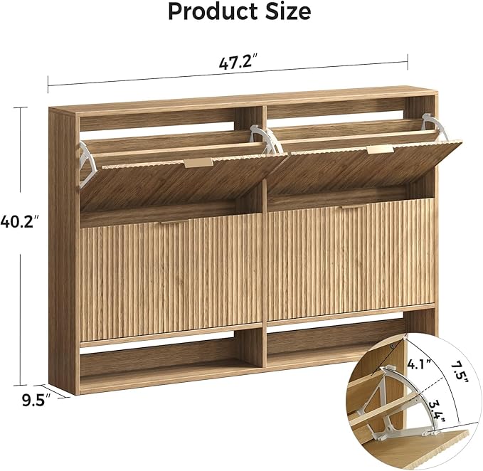 Hootata 47.2''W Oak Shoe Storage Cabinet for Entryway with 4 Flip Drawers, Narrow Wood Fluted Shoe Rack Cabinet,Freestanding Slim Shoe Organizer Cabinet for Foyer, Hallway
