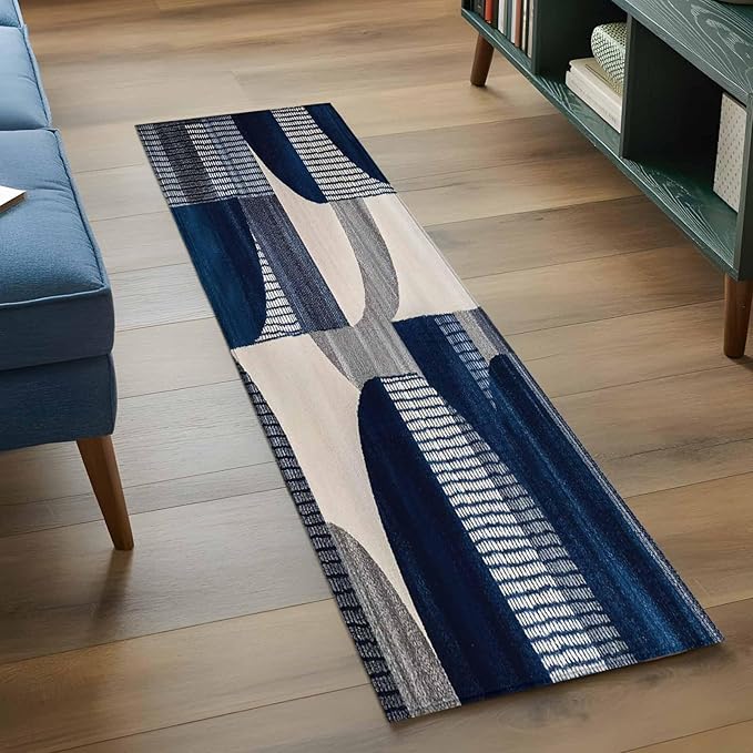 Modernism Runner Rug 2'x6', Blue White Geometric Abstract Design Hallway Runner Rugs Washable Non-Slip Bedside Floor Mats Carpet for Kitchen Bedroom Laundry Room Bathroom