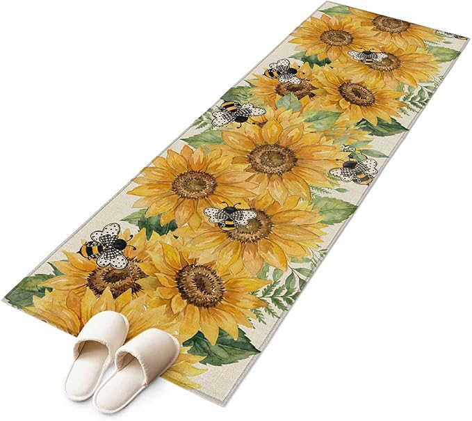 Watercolor Sunflower Cartoon Farmhouse Bee Linen Texture Runner Rug 2'x6', Hallway Runner Rugs Washable Non-Slip Bedside Floor Mats Carpet for Kitchen Bedroom Laundry Room Bathroom