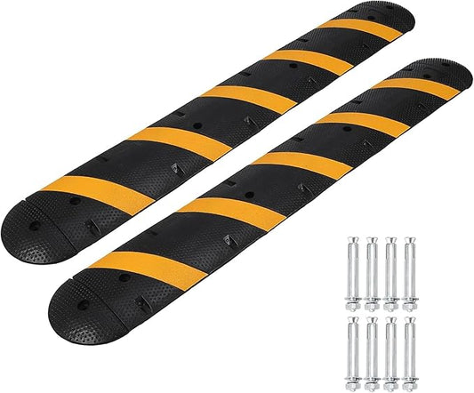 2 Pack 6FT Speed Bumps for Road, Heavy Duty 25,000 Lbs Capacity with 2 Channel Floor Cord Cover, 72" Parking Lot Speed Hump for Garage, Driveway, Warehouse - Includes Installation Parts, Black/Yellow