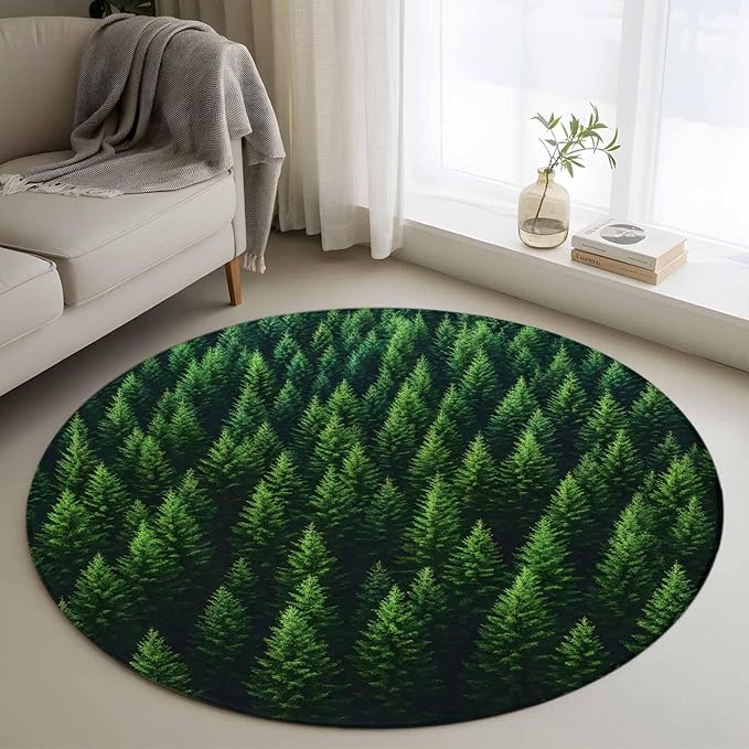 Green Forest Round Rug 4 Ft, Pine Trees Forest Landscape Style Summer Circle Area Rugs Washable Non Slip Indoor Floor Mats Carpet for Living Room Bedroom Dining Room Home Decor