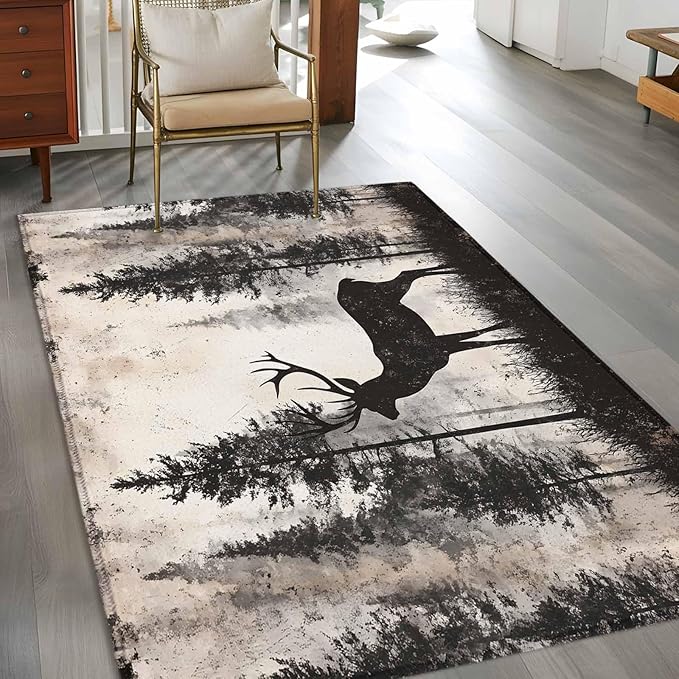 Elk 3'x5' Area Rugs, Deer Silhouette Washable Area Rugs Non-Slip Indoor Floor Mats Carpet for Living Room Bedroom Dining Room