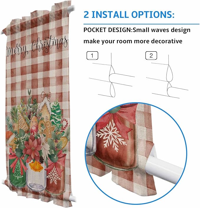 Christmas French Door Curtain Panel for Front Door, Xmas Floral Gingerbread Bottles Vintage Red Plaid Slidelight Door Curtains with Tieback Light Filtering Privacy Panels for Entryway 25"x 40"