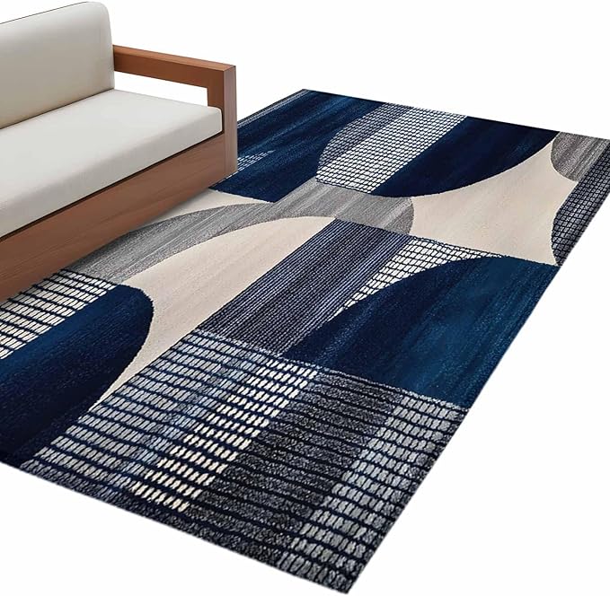 Modernism 4'x6' Area Rugs, Blue White Geometric Abstract Design Washable Area Rugs Non-Slip Indoor Floor Mats Carpet for Living Room Bedroom Dining Room