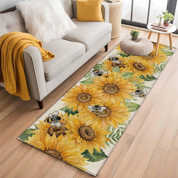 Watercolor Sunflower Cartoon Farmhouse Bee Linen Texture Runner Rug 2'x6', Hallway Runner Rugs Washable Non-Slip Bedside Floor Mats Carpet for Kitchen Bedroom Laundry Room Bathroom