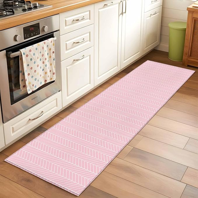 Pink Herringbone Stripes Runner Rug 2'x6', Modern Abstract Geometric Pink Simple Lines Hallway Runner Rugs Washable Non-Slip Bedside Floor Mats Carpet for Kitchen Bedroom Laundry Room Bathroom