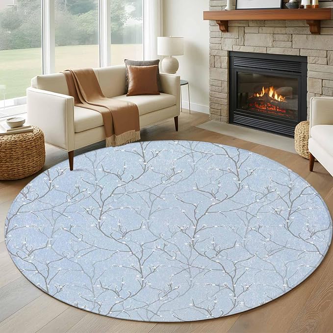 Blue Tree Branch Large Round Rug 8Ft, Retro Classic Art Blue Tree Branches Flower Circle Area Rugs Washable Non Slip Indoor Floor Mats Carpet for Living Room Bedroom Dining Room Home Decor