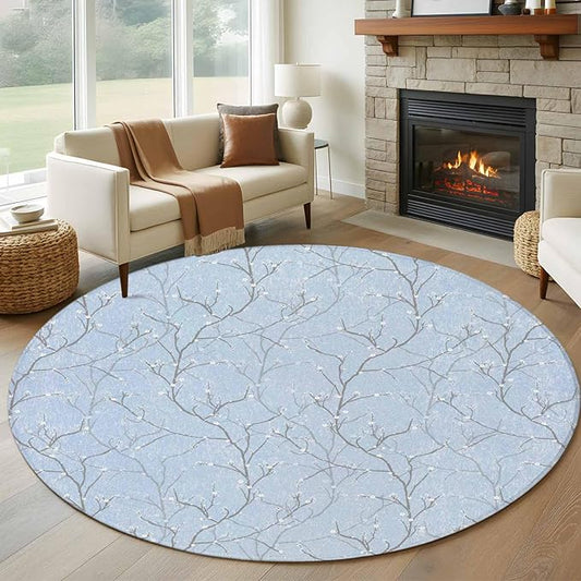 Blue Tree Branch Large Round Rug 8Ft, Retro Classic Art Blue Tree Branches Flower Circle Area Rugs Washable Non Slip Indoor Floor Mats Carpet for Living Room Bedroom Dining Room Home Decor
