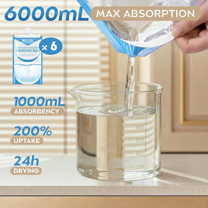 Hanging Moisture Absorbers 6 Pack Net Wt. 17.5oz/Pack, Fragrance Free Closet Dehumidifier Bags, Odor Eliminator & Humidity Absorber, Humidity Packs for Bathroom, Bedroom, Basement, Car, RV & Boat
